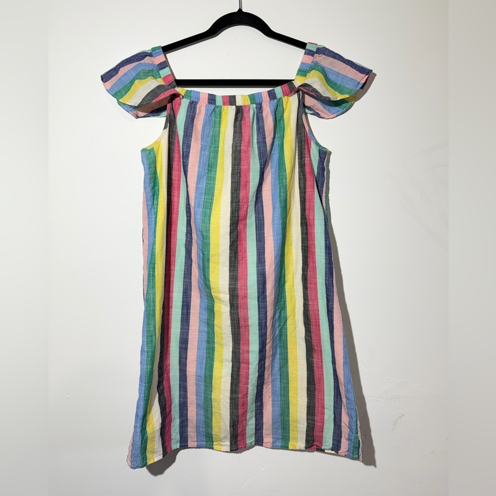 J. Crew Multi-Color Flutter Sleeve Dress 100% Cotton Sz 10 Coastal Preppy Summer